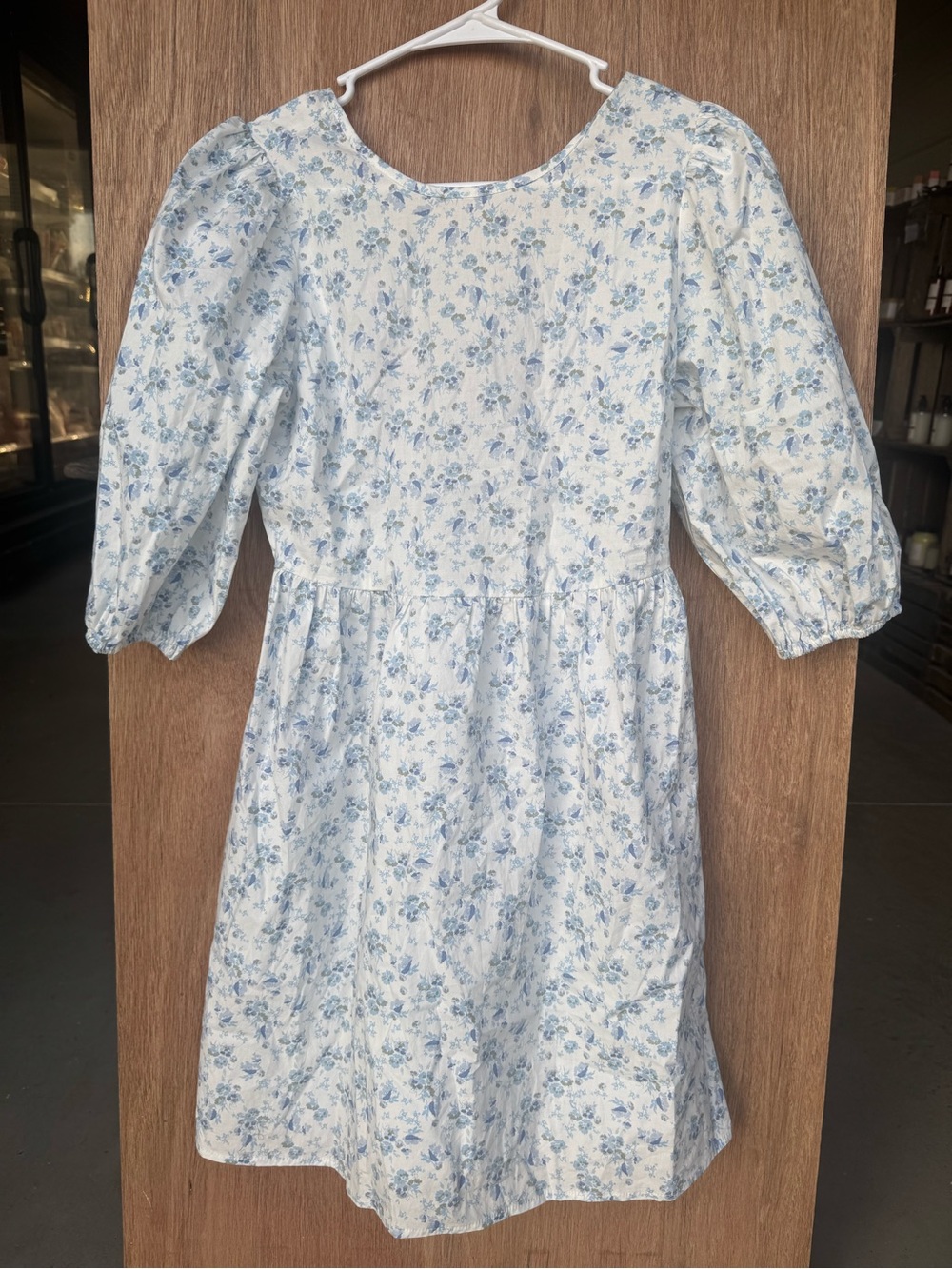 Wayf White and Light Blue Floral Puff-Sleeve Mini Dress